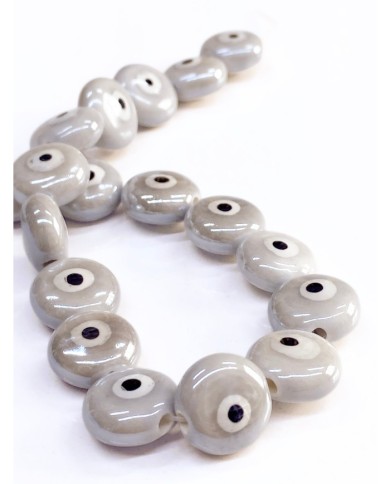 İpe Dizili Seramik Boncuk Gri Yuvarlak Yassı 15mm - 1 Dizi