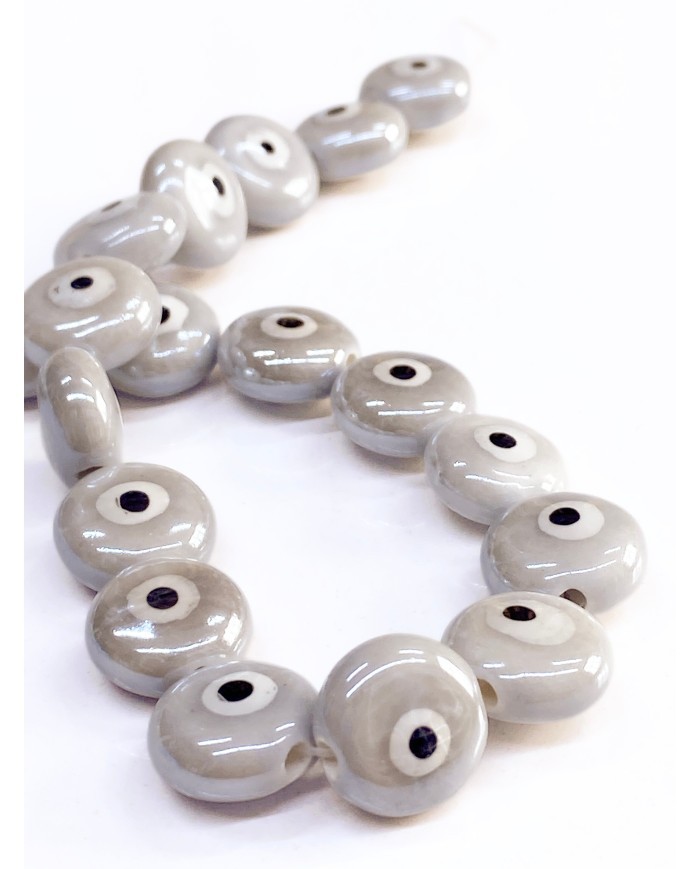 İpe Dizili Seramik Boncuk Gri Yuvarlak Yassı 15mm - 1 Dizi