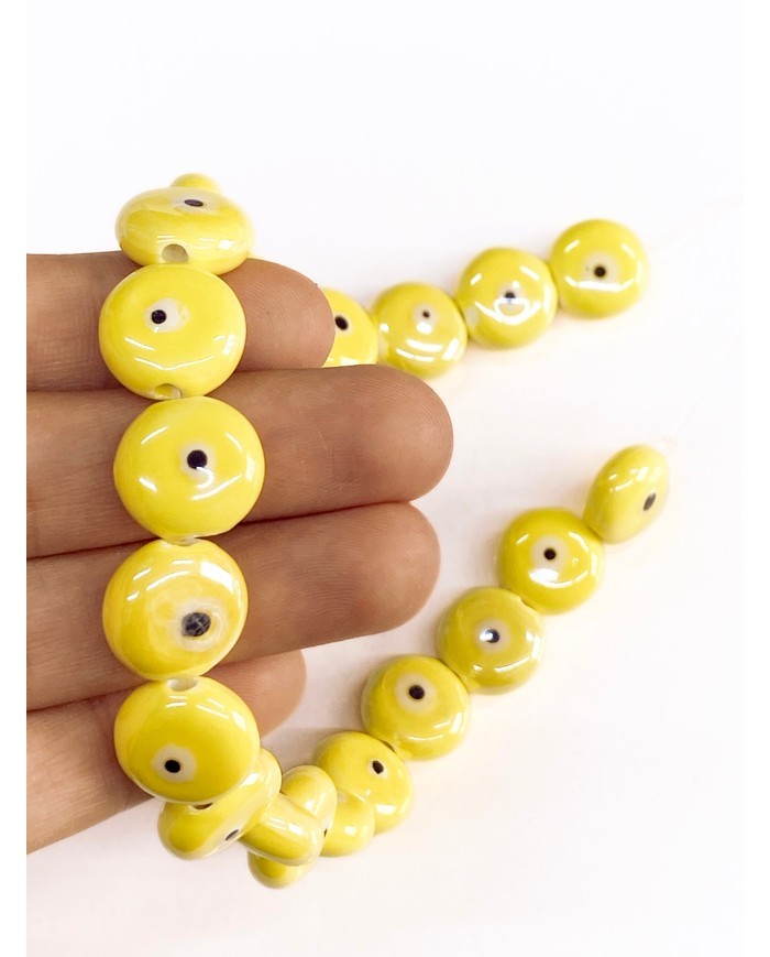 İpe Dizili Seramik Boncuk Sarı Yuvarlak Yassı 15mm - 1 Dizi