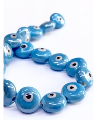 İpe Dizili Seramik Boncuk Mavi Yuvarlak Yassı 15mm - 1 Dizi