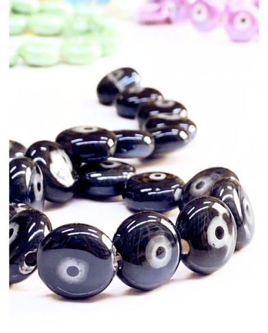 İpe Dizili Seramik Boncuk Siyah Yuvarlak Yassı 15mm - 1 Dizi