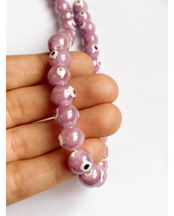 İpe Dizili Seramik Boncuk Mor Nazar Boncuğu Top  9mm - 1 Dizi