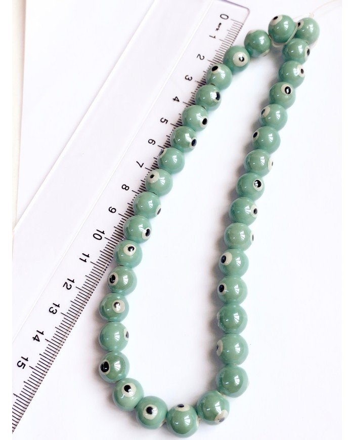 İpe Dizili Seramik Boncuk Yeşil Nazar Boncuğu Top  9mm - 1 Dizi
