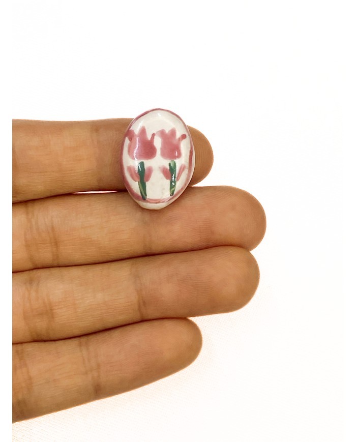 Seramik Boncuk Pembe Lale Desenli 21mm