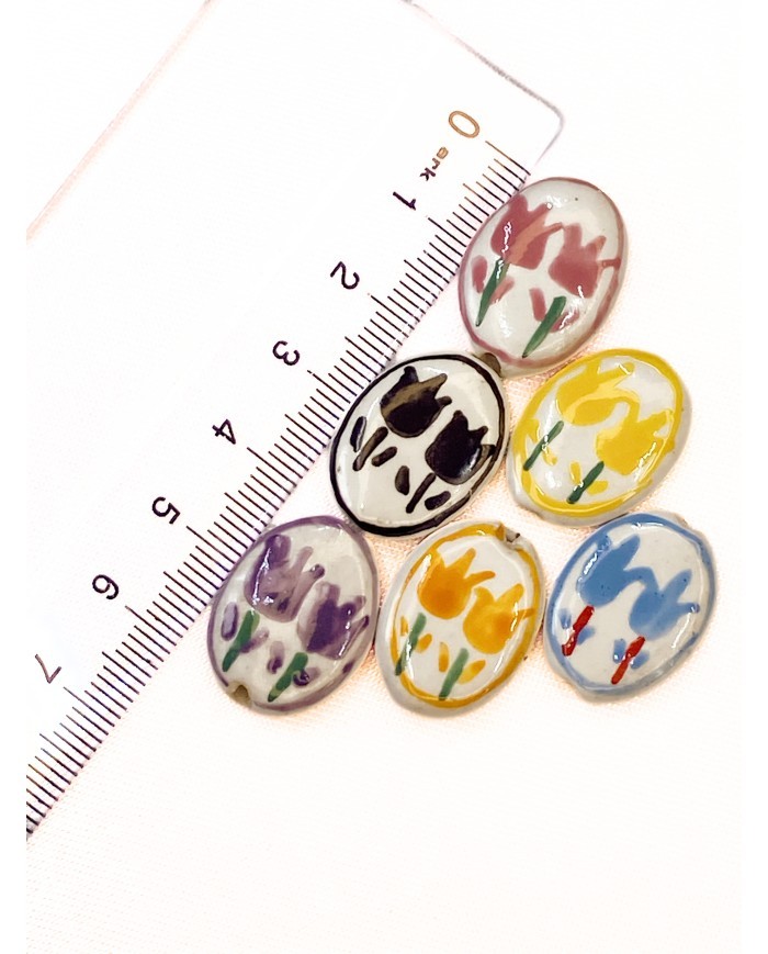 Seramik Boncuk Mor Lale Desenli 21mm