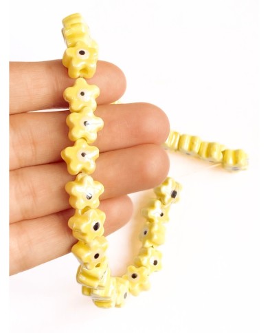 İpe Dizili Seramik Boncuk Sarı Nazar Boncuklu Çiçek Yıldız 10mm - 1 Dizi