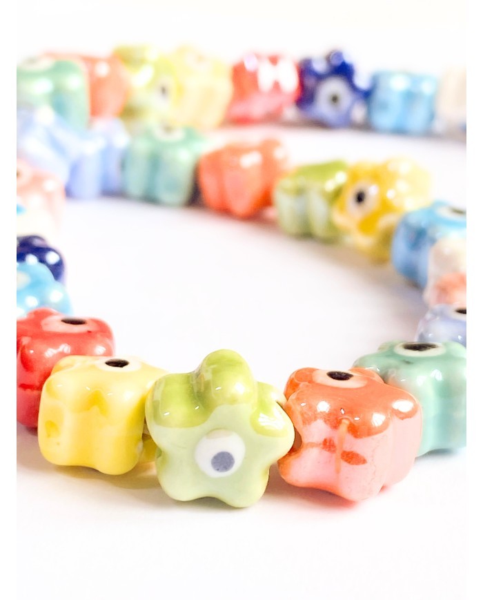 İpe Dizili Seramik Boncuk Renkli Nazar Boncuklu Çiçek Yıldız 10mm - 1 Dizi