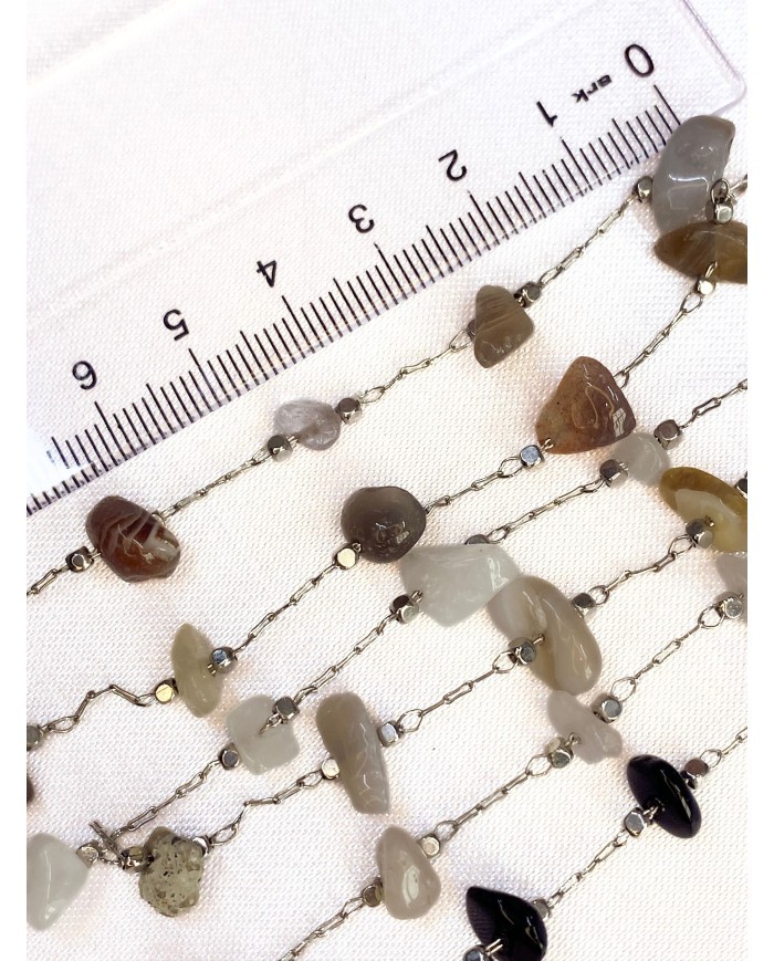 Doğal Kırık Taşlı Kuyumcu Zinciri Beyaz Metal Ara Boncuklu 3mm - 1m