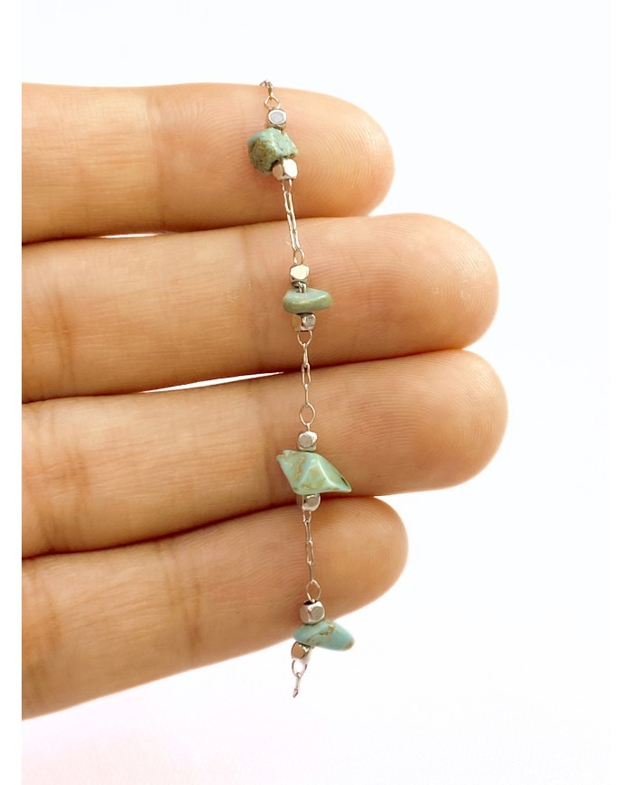 Doğal Kırık Taşlı Kuyumcu Zinciri Yeşil Metal Ara Boncuklu 3mm - 1m