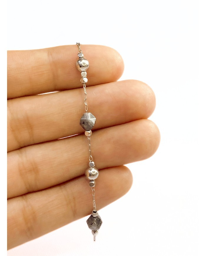 Doğal Kırık Taşlı Kuyumcu Zinciri Gri Altın Top Ara Boncuklu 3mm - 1m