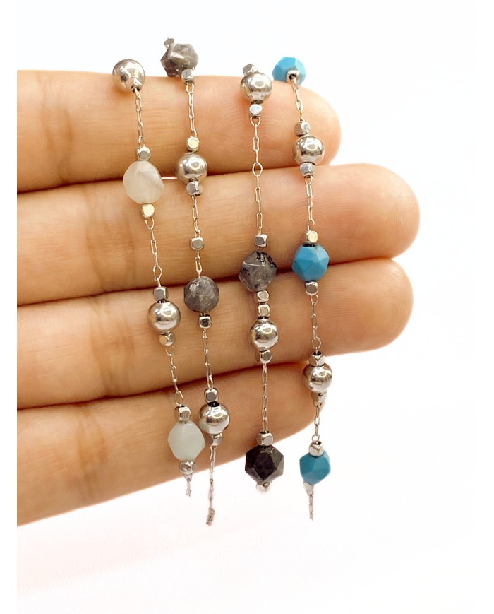 Doğal Kırık Taşlı Kuyumcu Zinciri Beyaz Altın Top Ara Boncuklu 3mm - 1m