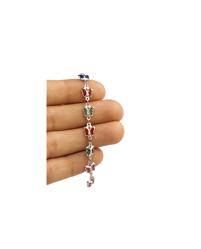 Cam Taşlı Kuyumcu Zinciri Gümüş Dikey Renkli Kelebek 4mm - 1m