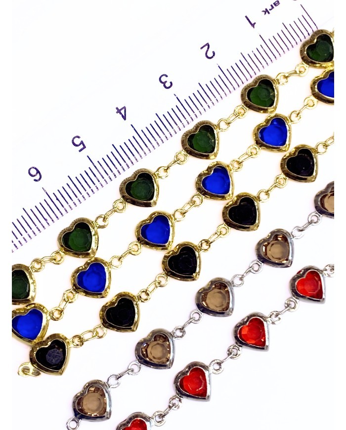 Cam Taşlı Kuyumcu Zinciri Gümüş Renk Kalp Kırmızı 5mm - 1m