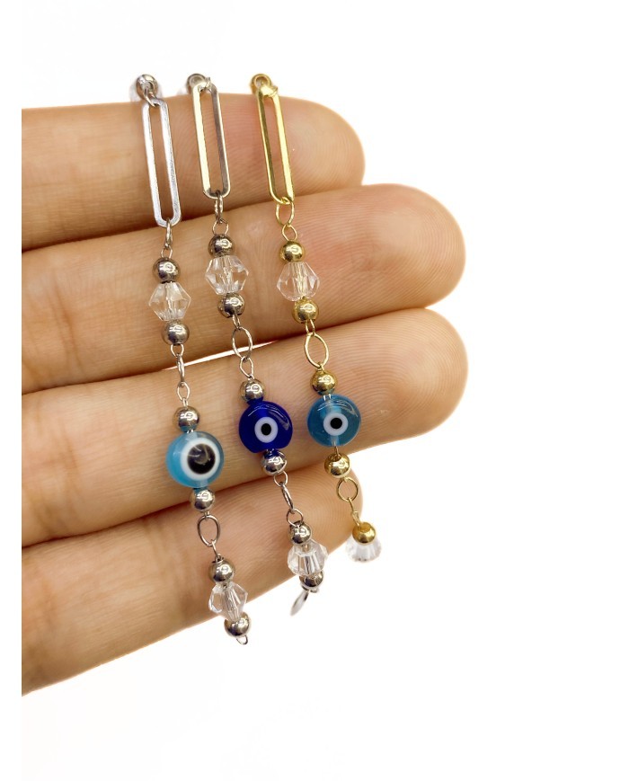 Cam Taşlı Kuyumcu Zinciri Gümüş Renk Nazar Boncuğu Siyah 5mm - 1m