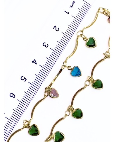 Taşlı Sallantılı Kuyumcu Zinciri Altın Renk Kalp Yeşil 5mm - 1m