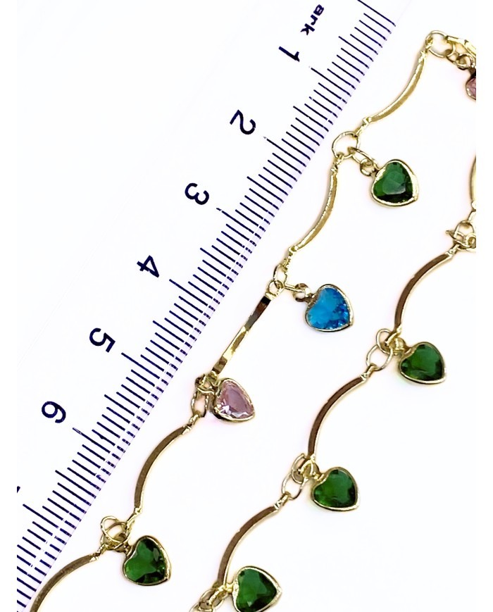 Taşlı Sallantılı Kuyumcu Zinciri Altın Renk Kalp Yeşil 5mm - 1m