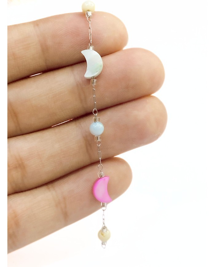 Cam Taşlı Kuyumcu Zinciri Gümüş Renk Ay Renkli 5mm - 1m