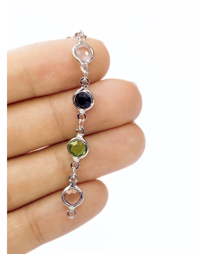 Cam Taşlı Kuyumcu Zinciri Gümüş Renk Yuvarlak Renkli 5mm - 1m