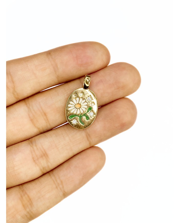 Pirinç Zirkon Mineli Oval Plaka Papatya Figürlü Kolye Bileklik Ucu Charm Altın Renk 1 Adet