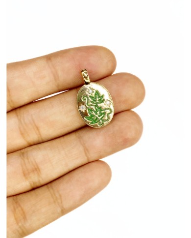 Pirinç Zirkon Mineli Oval Plaka Yaprak Figürlü Kolye Bileklik Ucu Charm Altın Renk 1 Adet
