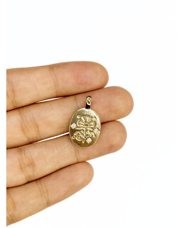 Pirinç Zirkon Mineli Oval Plaka Çiçek Figürlü Kolye Bileklik Ucu Charm Altın Renk 1 Adet