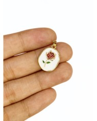 Pirinç Zirkon Mineli Oval Plaka Gül Figürlü Kolye Bileklik Ucu Charm Altın Renk 1 Adet