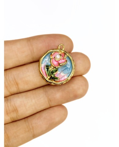 Pirinç Zirkon Mineli Oval Plaka Çiçek Figürlü Kolye Bileklik Ucu Charm Altın Renk 1 Adet