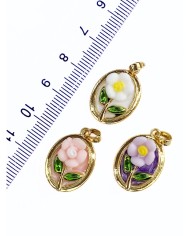 Pirinç Zirkon Mineli Oval Çiçek Figürlü Kolye Bileklik Ucu Charm Altın Mor 1 Adet