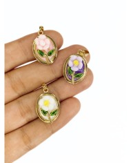 Pirinç Zirkon Mineli Oval Çiçek Figürlü Kolye Bileklik Ucu Charm Altın Pembe 1 Adet