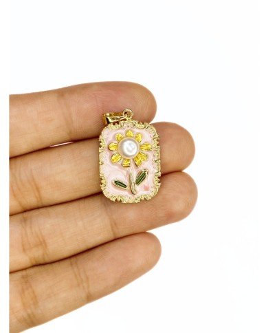 Pirinç Zirkon Mineli Plaka Çiçek Figürlü Kolye Bileklik Ucu Charm Altın Pembe 1 Adet