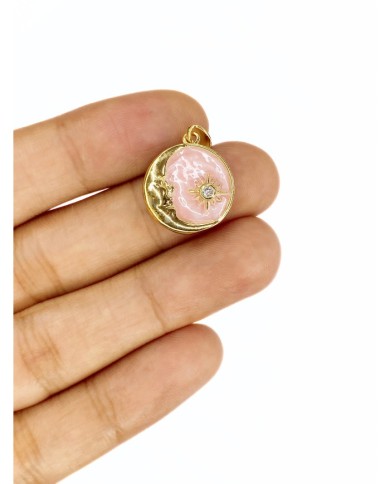 Pirinç Zirkon Mineli Yuvarlak Plaka Ay Figürlü Kolye Bileklik Ucu Charm Altın Pembe 1 Adet