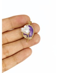 Pirinç Zirkon Mineli Yuvarlak Plaka Çiçek Figürlü Kolye Bileklik Ucu Charm Altın Mor 1 Adet