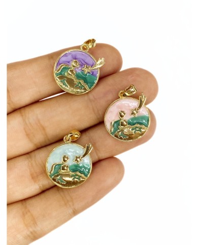 Pirinç Zirkon Mineli Yuvarlak Plaka Kayan Yıldız Figürlü Kolye Bileklik Ucu Charm Altın Mavi 1 Adet