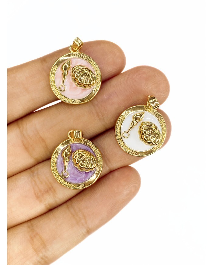 Pirinç Zirkon Mineli Plaka İstiridye Figürlü Kolye Bileklik Ucu Charm Altın Pembe 1 Adet