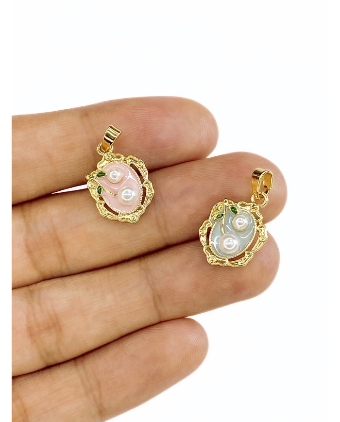 Pirinç Zirkon Mineli Plaka İnci Kiraz Figürlü Kolye Bileklik Ucu Charm Altın Mavi 1 Adet