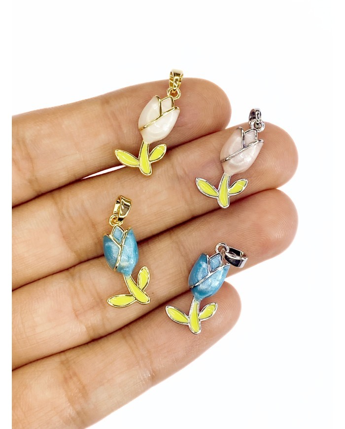 Pirinç Zirkon Mineli Lale Kolye Bileklik Ucu Charm Gümüş Pembe 1 Adet