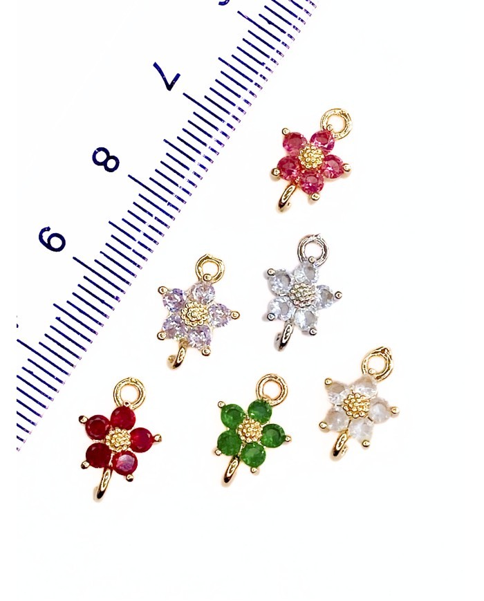 Pirinç Zirkon Taşlı Çiçek Kolye Bileklik Ucu Charm Altın Kırmızı 1 Adet