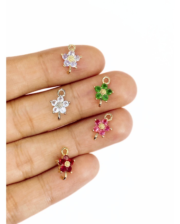 Pirinç Zirkon Taşlı Çiçek Kolye Bileklik Ucu Charm Gümüş Şeffaf 1 Adet
