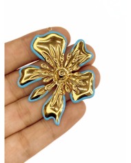 Çelik Mineli Çiçek Kolye Bileklik Ucu Charm Altın Mavi 1 Adet