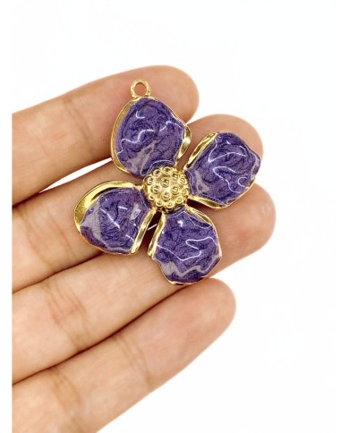 Çelik Mineli Çiçek Kolye Bileklik Ucu Charm Altın Mor 1 Adet