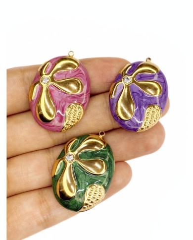 Çelik Mineli Taşlı Plaka Çiçek Kolye Bileklik Ucu Charm Altın Mor 1 Adet