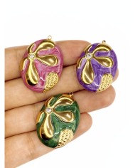 Çelik Mineli Taşlı Plaka Çiçek Kolye Bileklik Ucu Charm Altın Mor 1 Adet