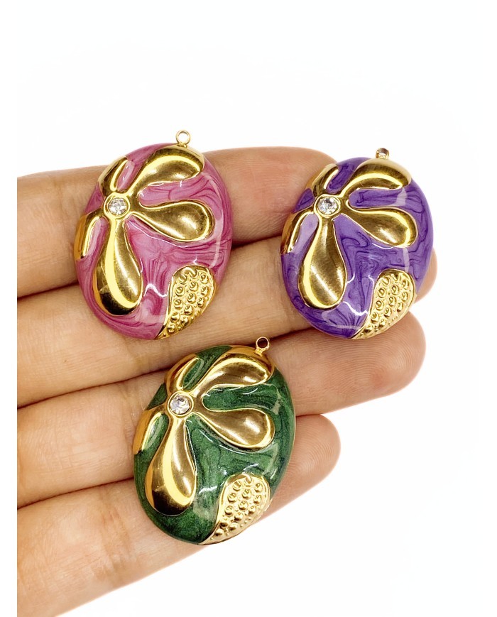 Çelik Mineli Taşlı Plaka Çiçek Kolye Bileklik Ucu Charm Altın Yeşil 1 Adet