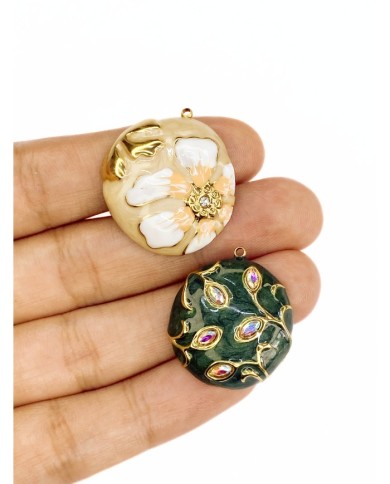 Çelik Mineli Taşlı Plaka Çiçek Kolye Bileklik Ucu Charm Altın Krem 1 Adet