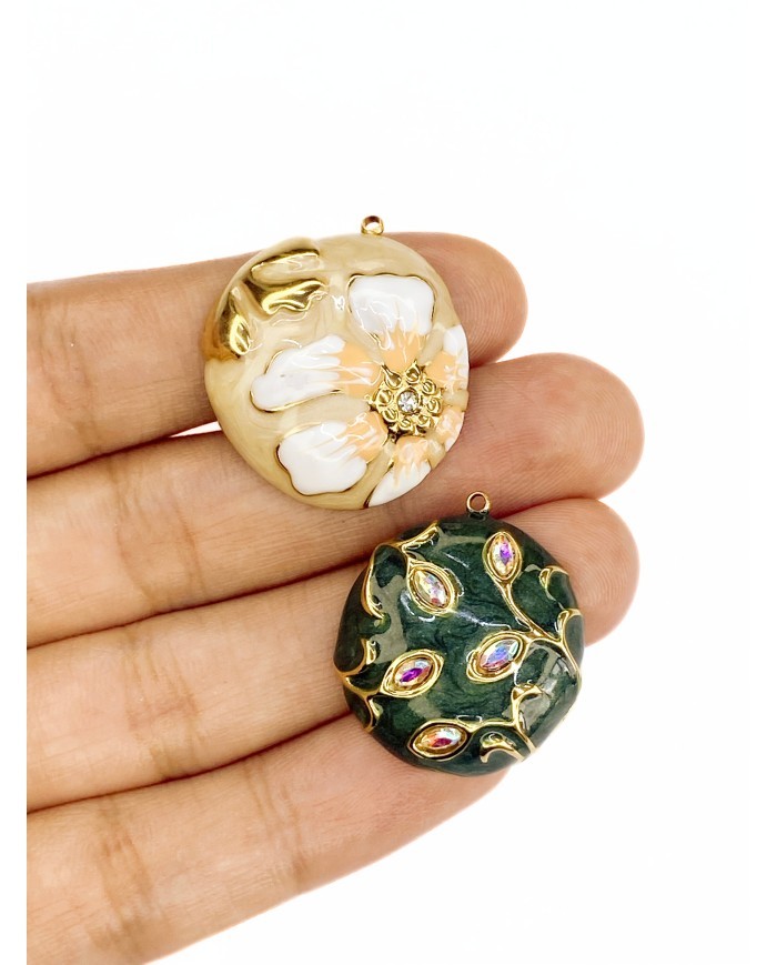 Çelik Mineli Taşlı Plaka Kolye Bileklik Ucu Charm Altın Yeşil 1 Adet