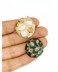 Çelik Mineli Taşlı Plaka Kolye Bileklik Ucu Charm Altın Yeşil 1 Adet