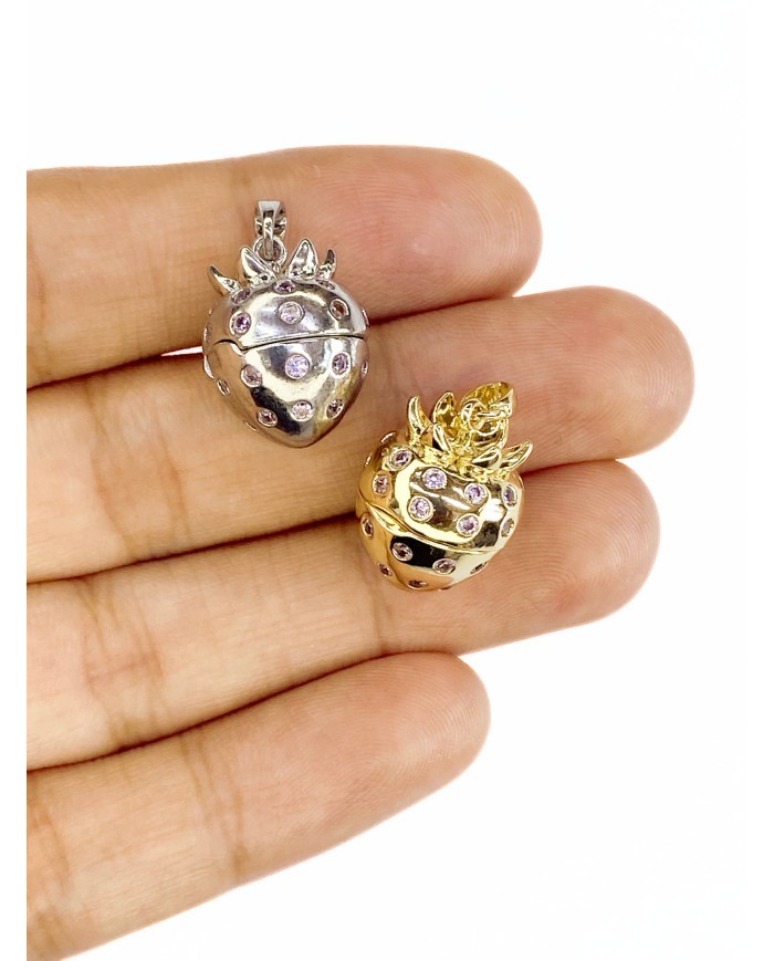 Pirinç Zirkon Taşlı Açılır Kapanır Çilek Kolye Bileklik Ucu Charm Gümüş 1 Adet