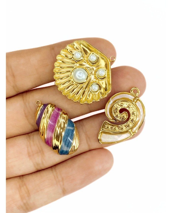 Çelik Mineli İncili Deniz Kabuğu Kolye Bileklik Ucu Charm Altın 1 Adet