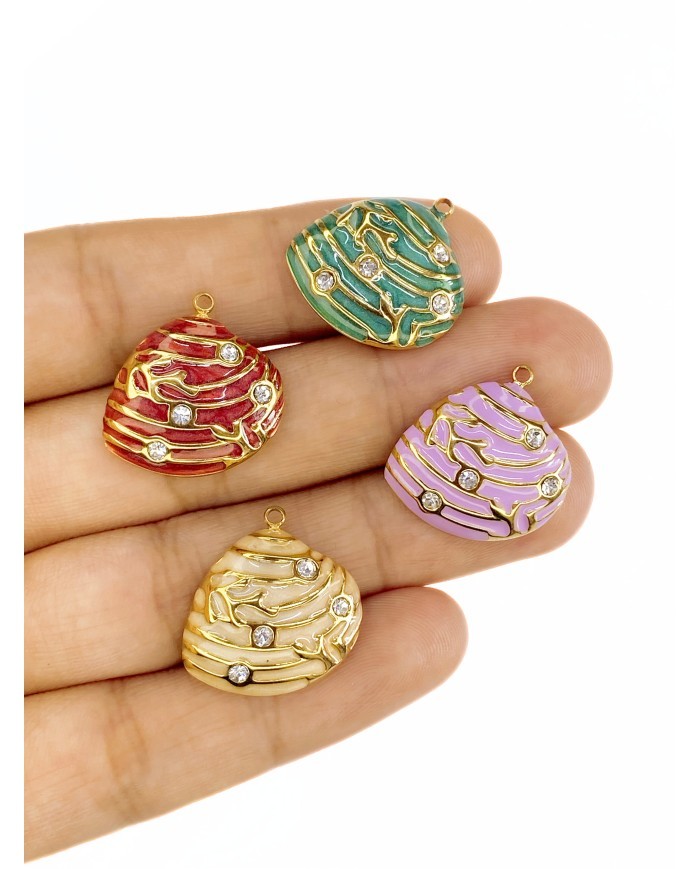 Çelik Mineli Taşlı Deniz Kabuğu Kolye Bileklik Ucu Charm Yeşil 1 Adet