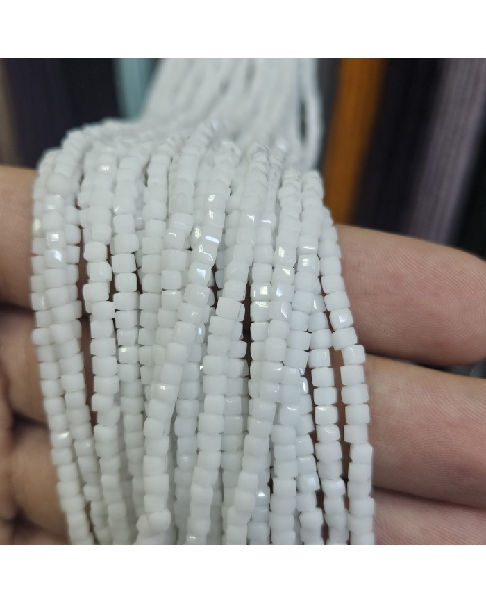 3mm İpe Dizili Küp Kristal Boncuk Mat Beyaz - 1 Dizi